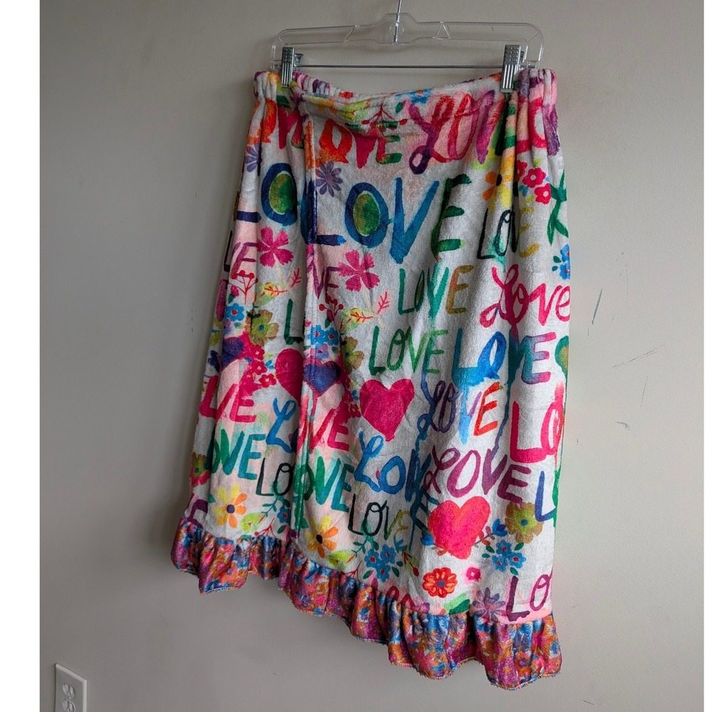 Natural Life Love Graffiti Spa Wrap Ruffle Hem Plush Towel Robe White L/XL - Picture 5 of 8